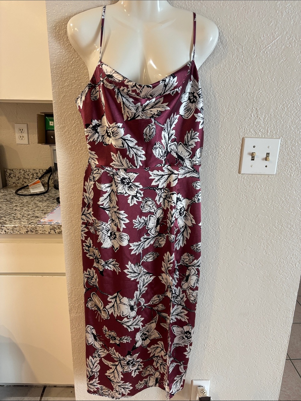 SHEIN Burgundy Floral Cowl Midi Slip Dress